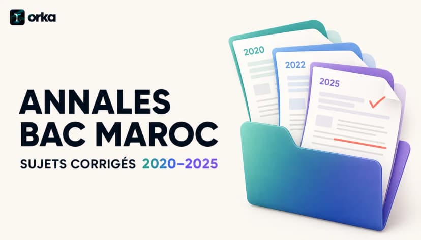 Illustration abstraite pour l'article « Annales Bac Maroc : Sujets Corrigés 2020–2025 » — a minimal stack of document cards.