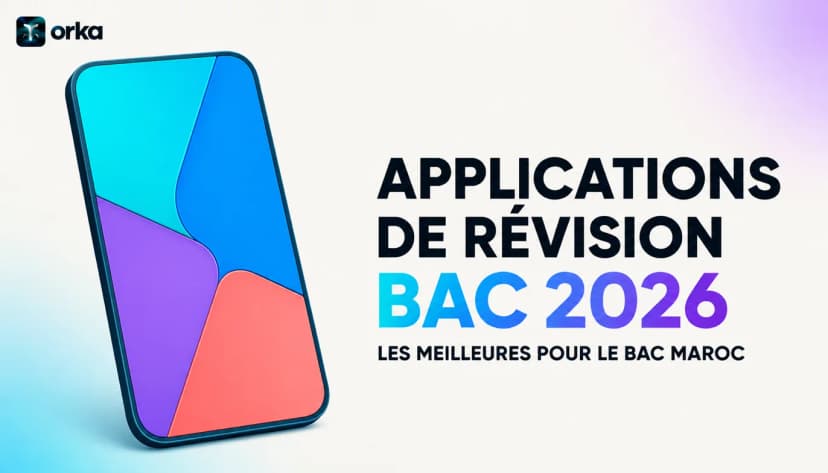 Illustration abstraite pour l'article « Meilleures Applications Révision Bac Maroc 2026 » — a floating Orka exam-simulation interface.