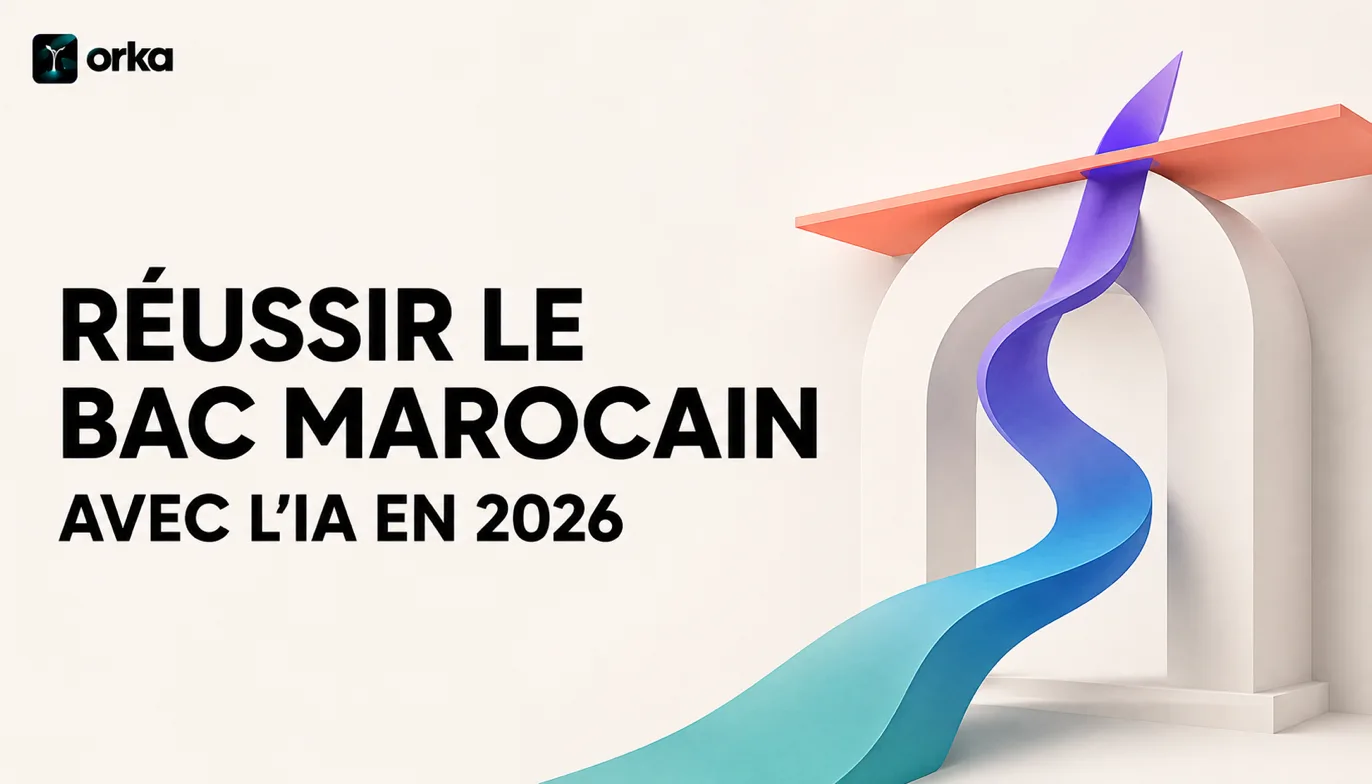 Illustration abstraite pour l'article « Comment réussir le Bac marocain avec l'IA en 2026 » — a floating Orka AI chat interface.
