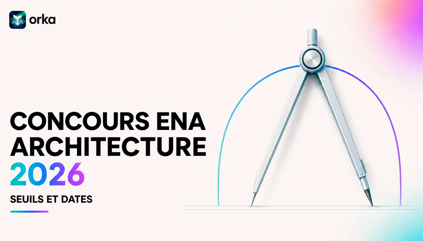 Illustration abstraite pour l'article « Concours ENA Architecture 2026 : Seuils et Dates » — a floating Orka exam-simulation interface.