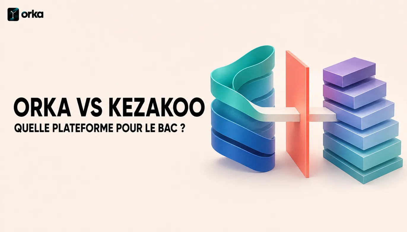 Illustration abstraite pour l'article « Orka vs Kezakoo : Quelle Plateforme pour le Bac ? » — the Orka mark beside an abstract comparison accent.