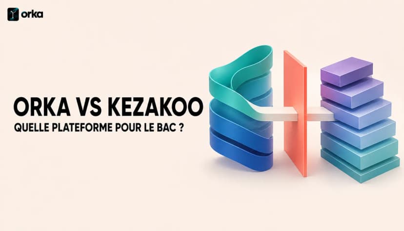 Illustration abstraite pour l'article « Orka vs Kezakoo : Quelle Plateforme pour le Bac ? » — the Orka mark beside an abstract comparison accent.