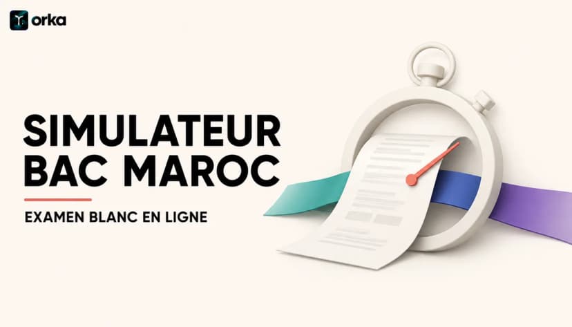 Illustration abstraite pour l'article « Simulateur Bac Maroc : Examen Blanc en Ligne » — a floating Orka exam-simulation interface.