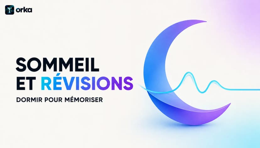 Illustration abstraite pour l'article « Sommeil et Révisions Bac : Dormir pour Mémoriser » — a floating Orka flashcard interface.