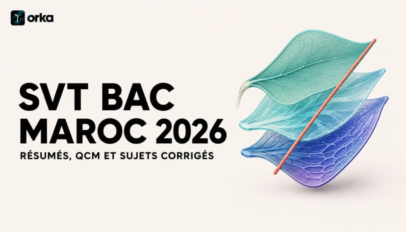 Illustration abstraite pour l'article « SVT Bac Maroc 2026 : Résumés, QCM et Sujets Corrigés » — a floating Orka exam-simulation interface.