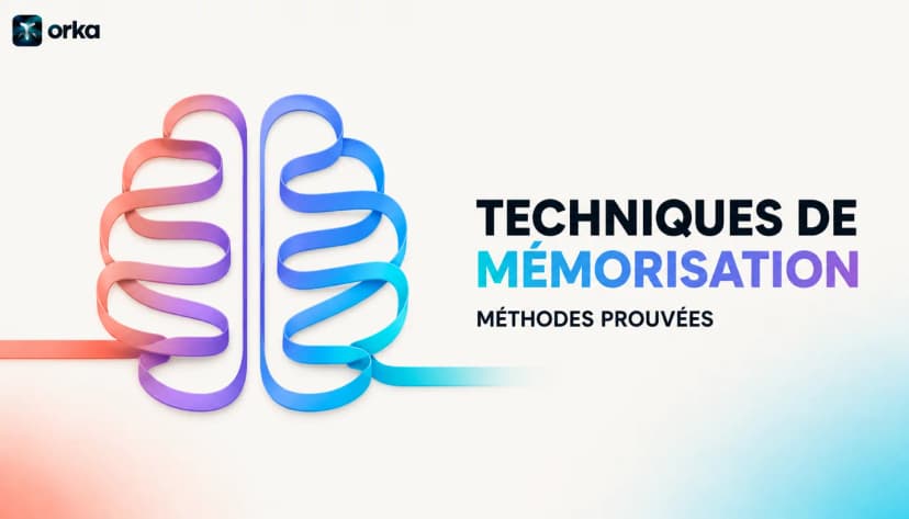 Illustration abstraite pour l'article « Techniques de Mémorisation Bac : Méthodes Prouvées » — a floating Orka flashcard interface.